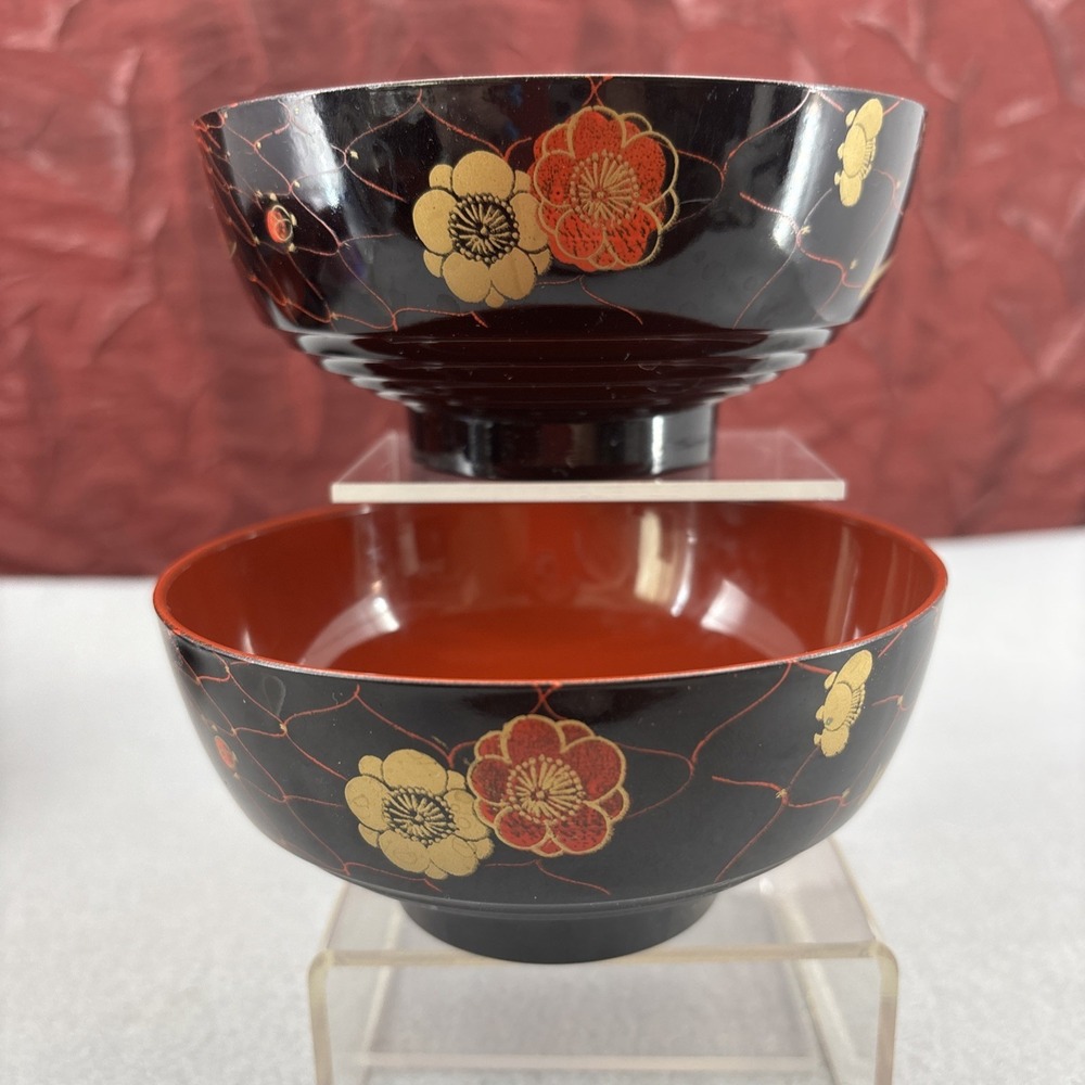 Japanese Lacquerware Bowls Soup Rice Noodles Red Black Gold Floral Miso Japan - Picture 8 of 16